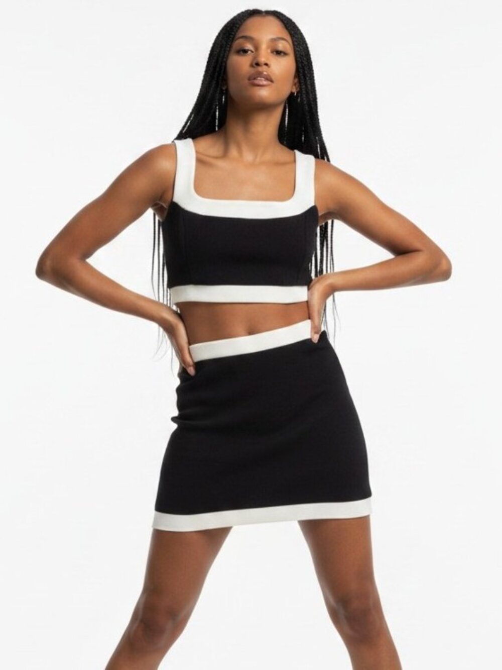 LENA Gameday Two Piece Crop Top Mini Skirt Set sz L Black White